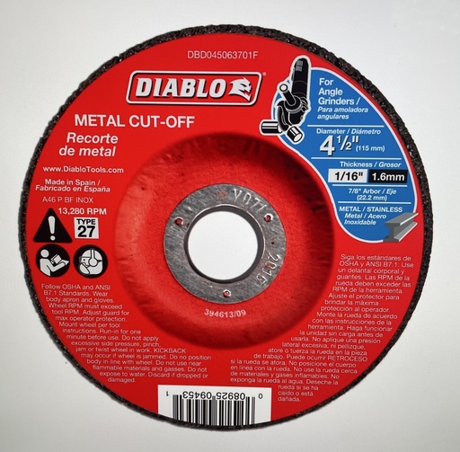[DBD045063710F] Diablo 4-1/2" Metal Cut Off Disc - Type 27