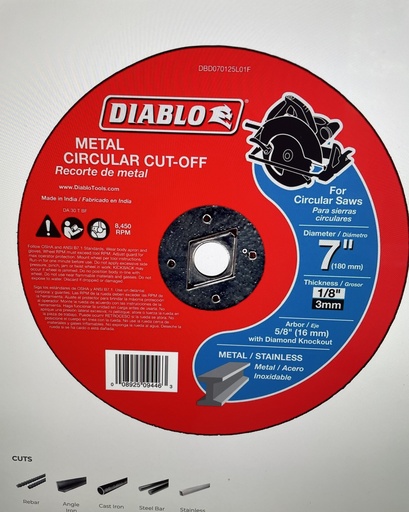 [DBD070063701F] Diablo 7" Metal Cut Off Disc