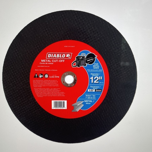 [DBD120125A01F] Diablo: 12" Metal High Speed Cut Off Disc 1" Arbor